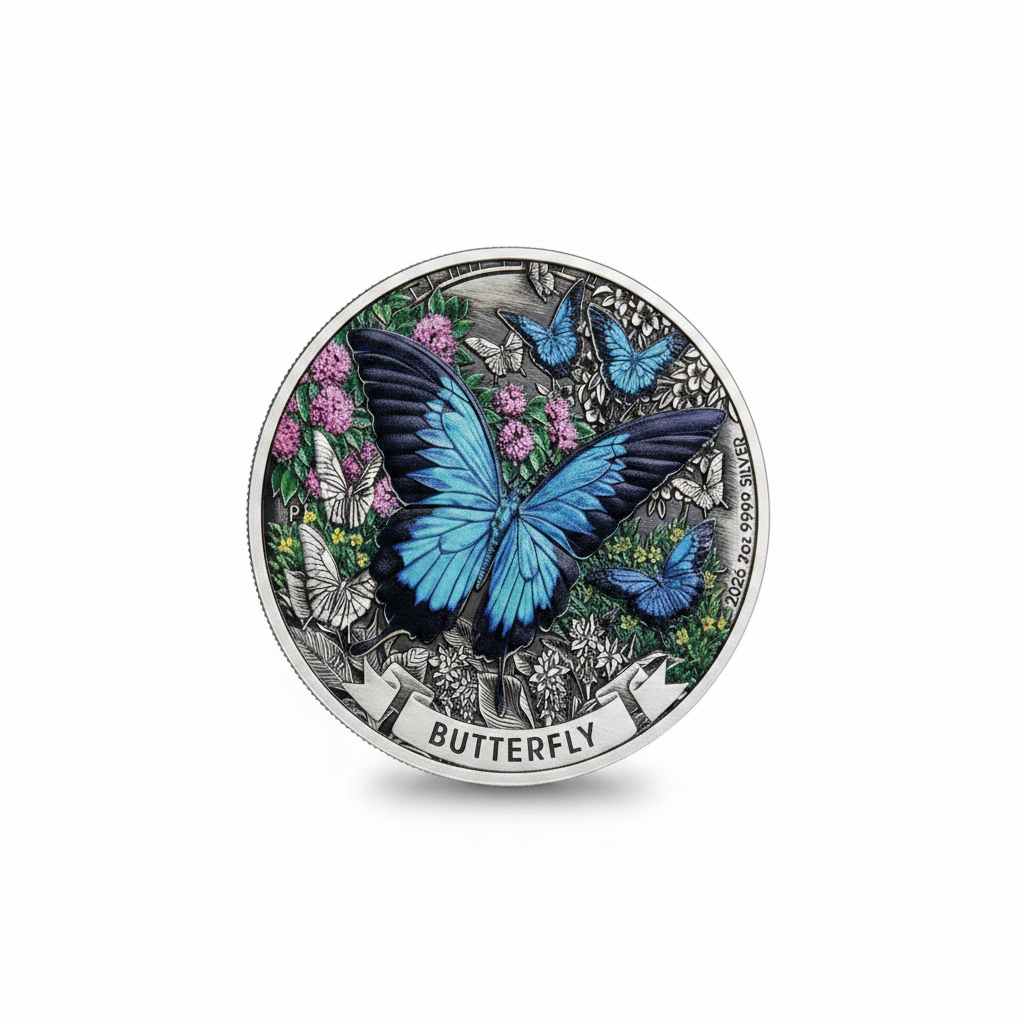 Perth Mint Butterfly 2026 2oz Silver Antiqued Coloured Coin