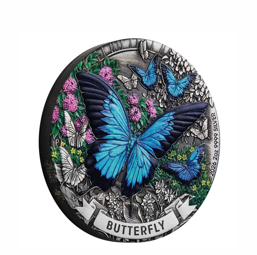 Perth Mint Butterfly 2026 2oz Silver Antiqued Coloured Coin