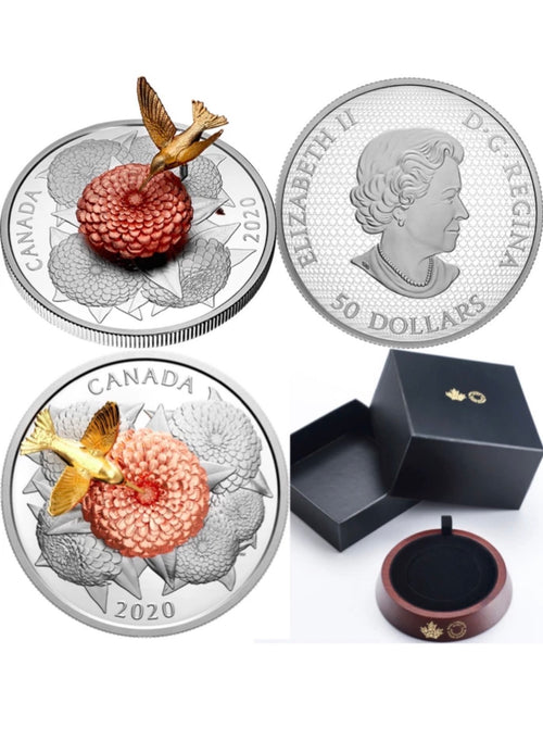 2020 5oz Silver - The Hummingbird and the Bloom - Silver and Gold Plated Coin Interactive coin! Mintage: 1,250
