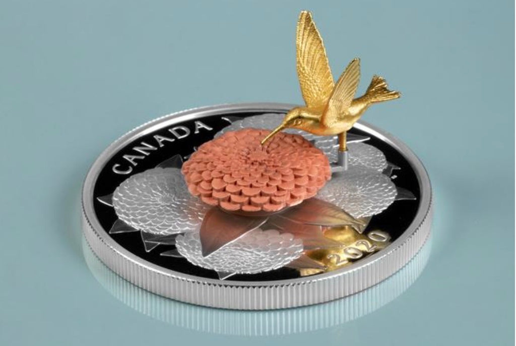 2020 5oz Silver - The Hummingbird and the Bloom - Silver and Gold Plated Coin Interactive coin! Mintage: 1,250